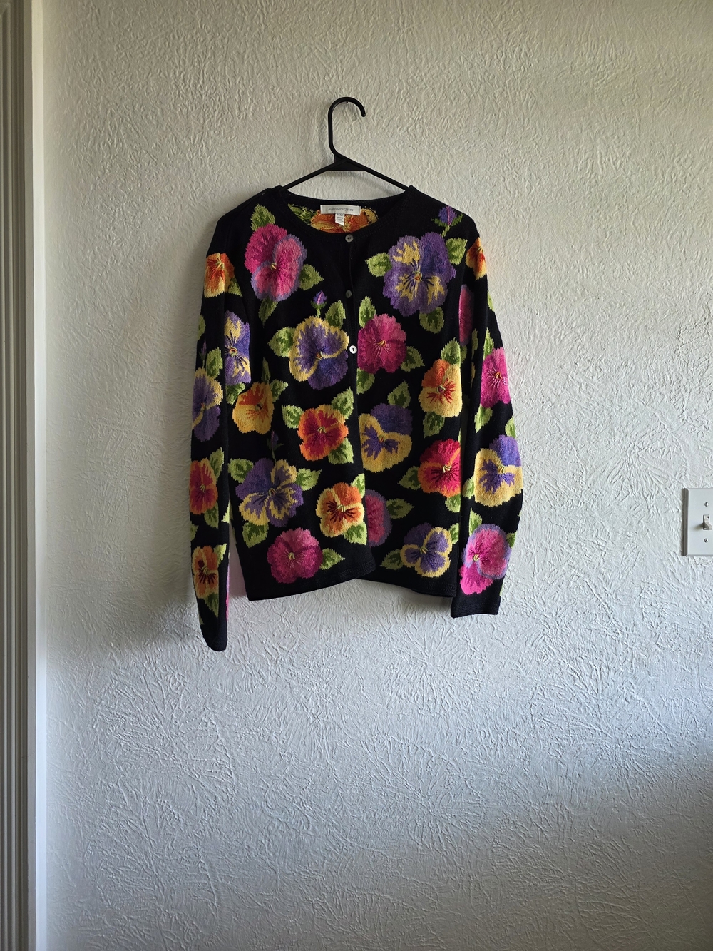Granny CottagecorBlack Floral Crewneck Cardigan Sweater - Multicolor Pansy Print